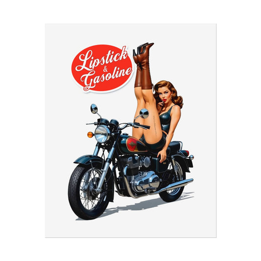 Vintage BIker Babe Lipstick & Gasoline Pin-Up Poster, Retro Motorcycle PinUp Girl, Mancave Decor, 1950s Style Wall Art, Pin Up Heaven Collection