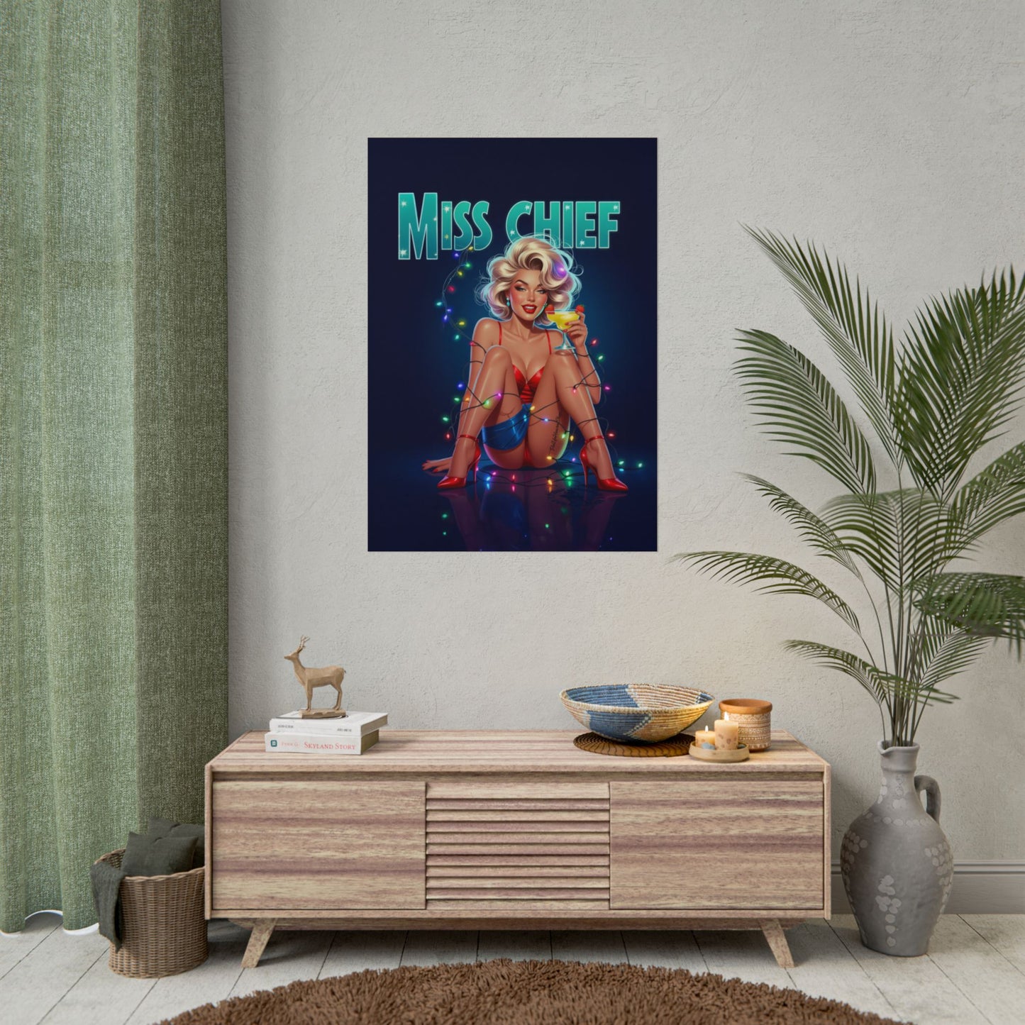 Miss Chief Vintage PinUp Poster, Retro Glam Pin-Up Girl, Holiday Cocktail Mancave Wall Art, Classic 1950s Style Print, Pin Up Heaven