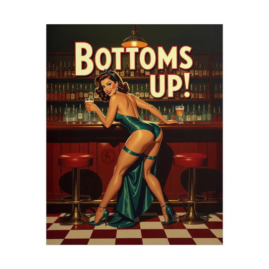 Vintage Pinup Cocktail Wall Art, Retro Bar Decor, Bottoms Up Pinup Poster, Man Cave Bar,  Retro Bar Wall Art, 1940s Style, Bartender Gift