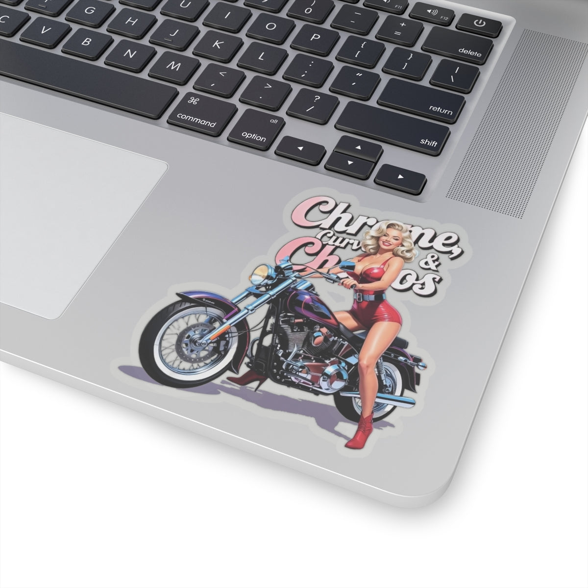 Customizable Biker Babe Sticker, Chrome Curves Chaos Vintage PinUp Decal, Motorcycle Lovers Gift, Bike, Helmet, Cooler, Garage, Laptop, Cup