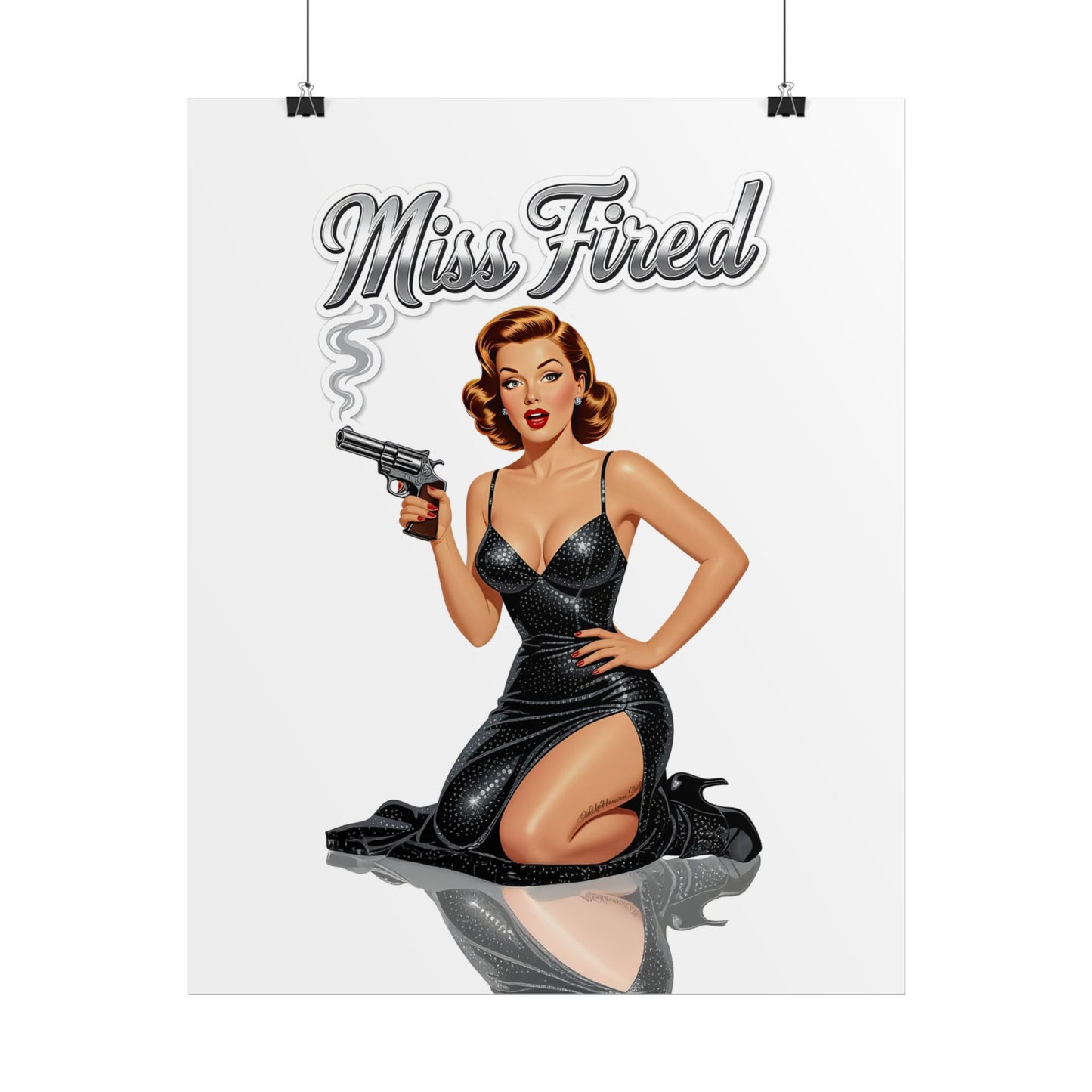 Miss Fired Vintage Pin Up Poster, Retro Glam Gun Pin Up Girl Wall Art, Classic 1950s Style Rolled Print, Pin Up Heaven Collection