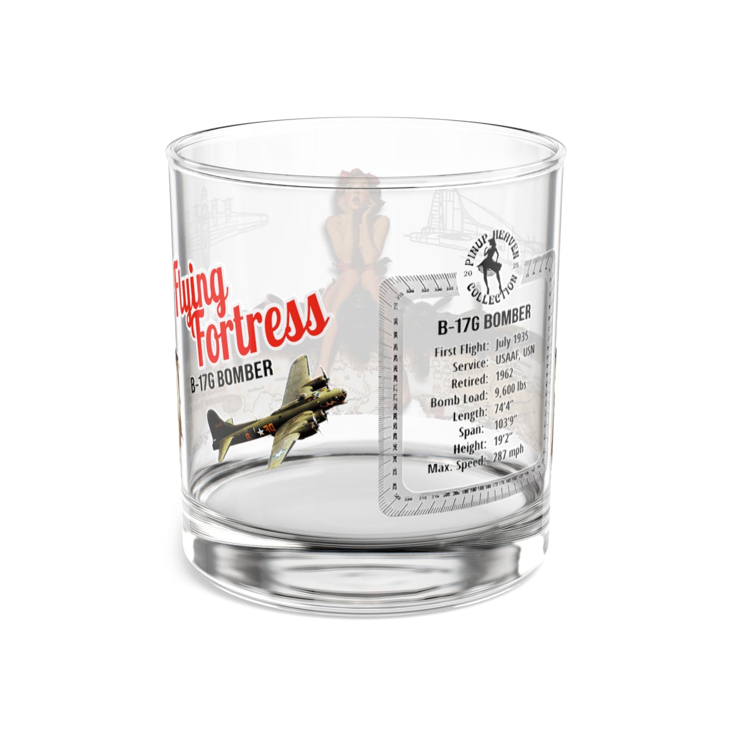 Whiskey Glass, Vintage WWII B-17 Bomber Aviation Gift, Bourbon Old Fashion, Man Cave, Military Veteran Pilot Retirement Gift for Him 10oz