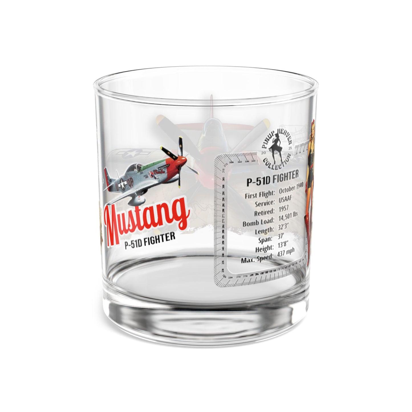 Whiskey Rocks Glass, Vintage WWII P-51 Aviation Gift,  Bourbon Scotch Old Fashion, Man Cave, Military Veteran Pilot Retirement Gift for Him 10oz