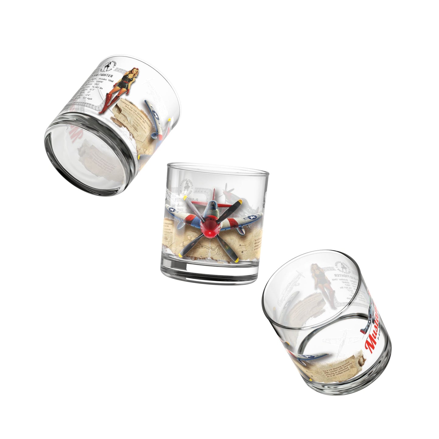 Whiskey Rocks Glass, Vintage WWII P-51 Aviation Gift,  Bourbon Scotch Old Fashion, Man Cave, Military Veteran Pilot Retirement Gift for Him 10oz