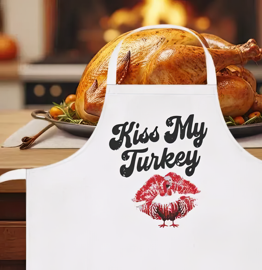 "Kiss My Turkey" Retro Apron – Funny Thanksgiving Pinup Kitchen Style