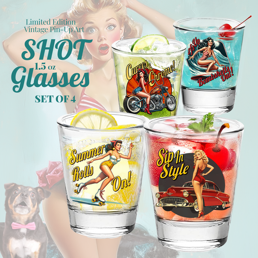 Pin-Up Shot Glass Set, Vintage PinUp Girl Art, Retro Barware, Gift for Vintage Collector, Classic Car Lovers, Bachelor Party Gift, Fathers Day Gift