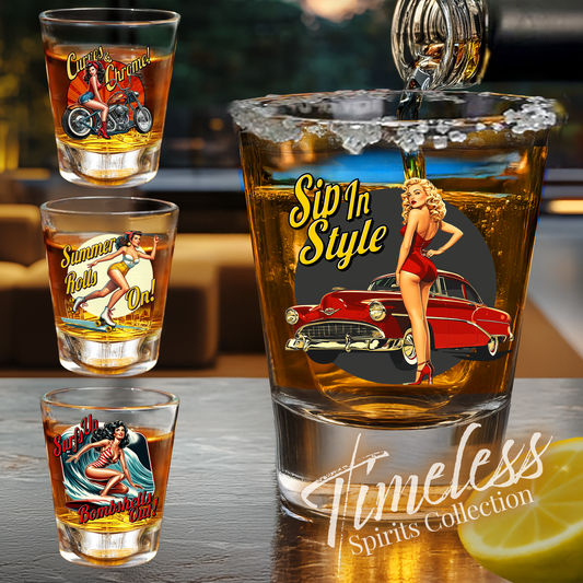 Pin-Up Shot Glass Set, Vintage PinUp Girl Art, Retro Barware, Gift for Vintage Collector, Classic Car Lovers, Bachelor Party Gift, Fathers Day Gift