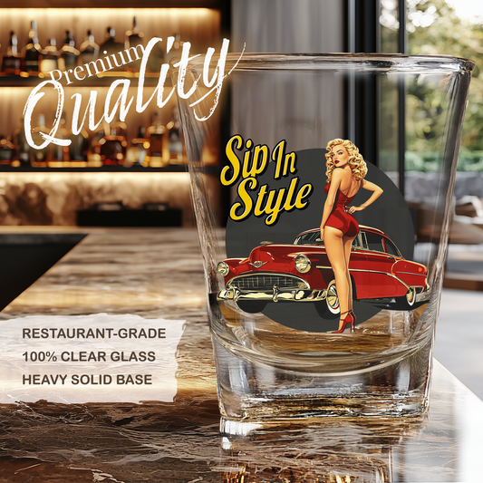 Classic Car Shot Glass, Retro Barware, Gift for Vintage Collector, Vintage PinUp Girl Art, Classic Car Lovers, Bachelor Party Gift, Fathers Day Gift