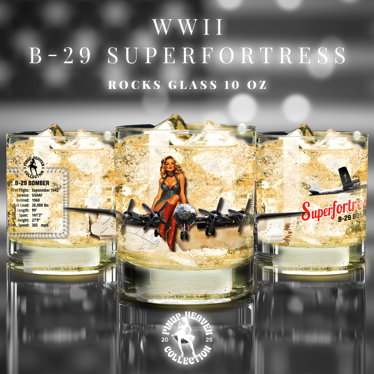 Whiskey Glass, Vintage WWII B-29 Bomber Aviation Gift, Bourbon Old Fashion, Man Cave, Military Veteran Pilot Retirement Gift for Him 10oz