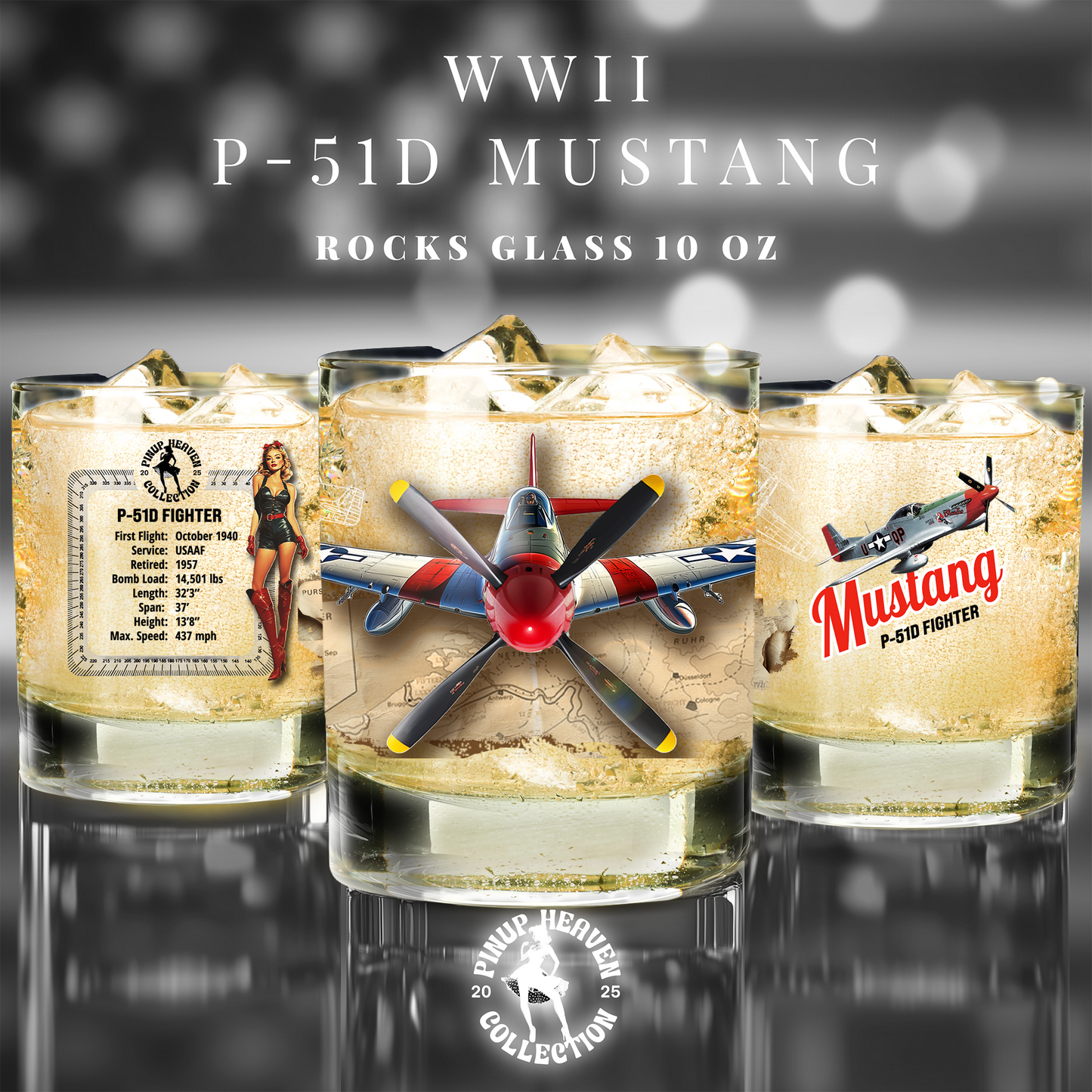 Whiskey Rocks Glass, Vintage WWII P-51 Aviation Gift,  Bourbon Scotch Old Fashion, Man Cave, Military Veteran Pilot Retirement Gift for Him 10oz