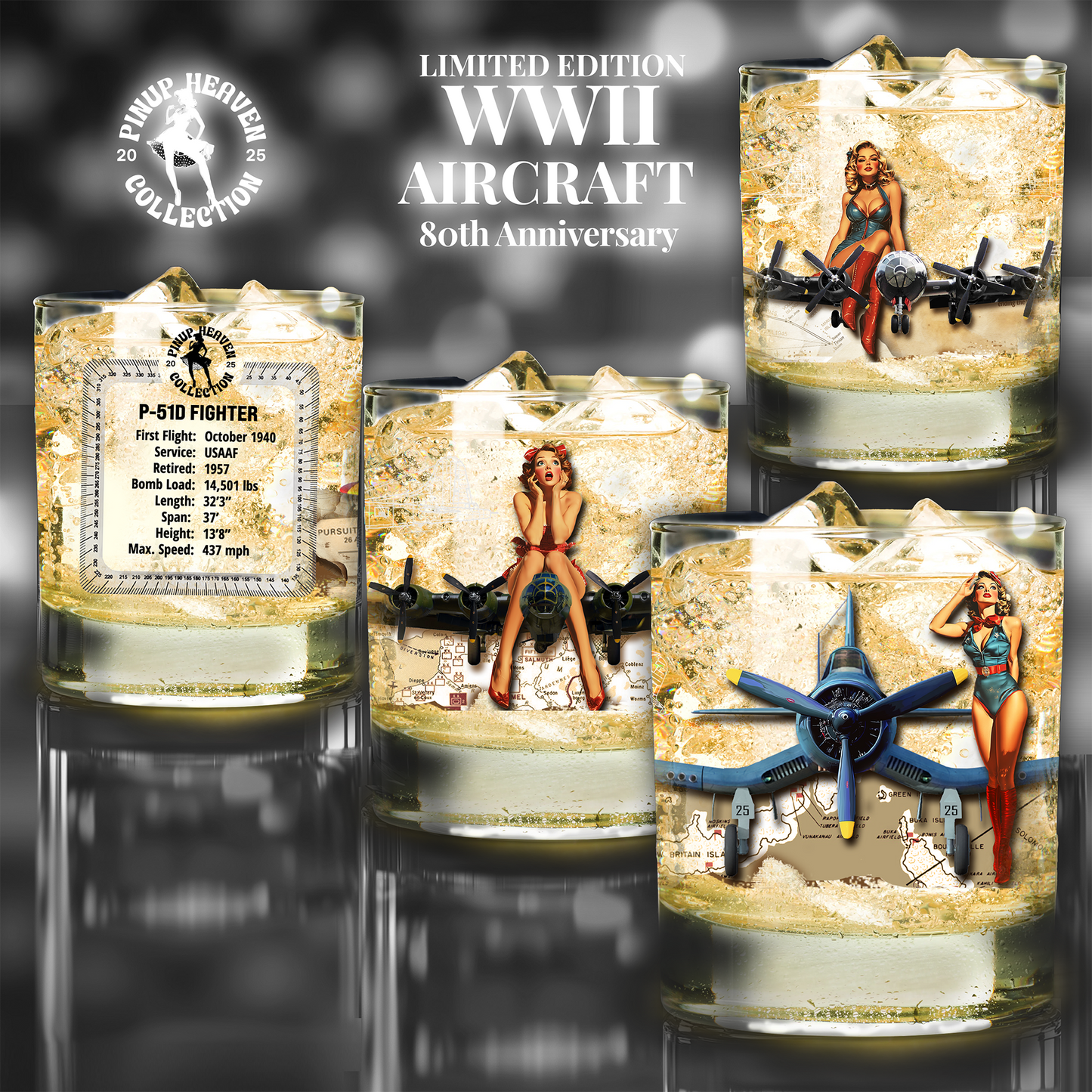 Whiskey Glass Set of 4, Vintage WWII Aviation Gift,  Bourbon, Old Fashion, Man Cave, Military Veteran Pilot Retirement Gift for Him 10oz