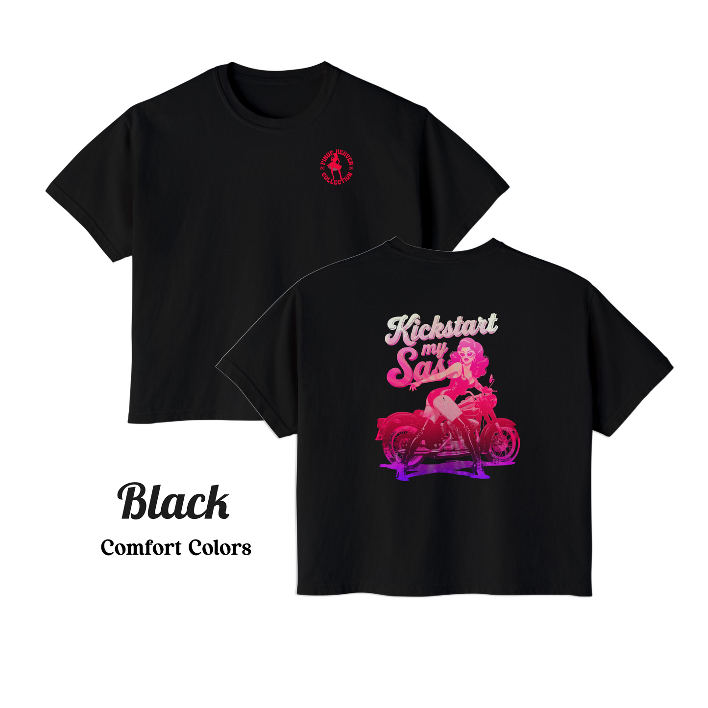 Premium Pin-Up Biker Babe Graphic Boxy Tee – “Kickstart My Sass” Comfort Colors Cotton Top, Vintage Motorcycle Shirt, Retro Biker Gift for Her