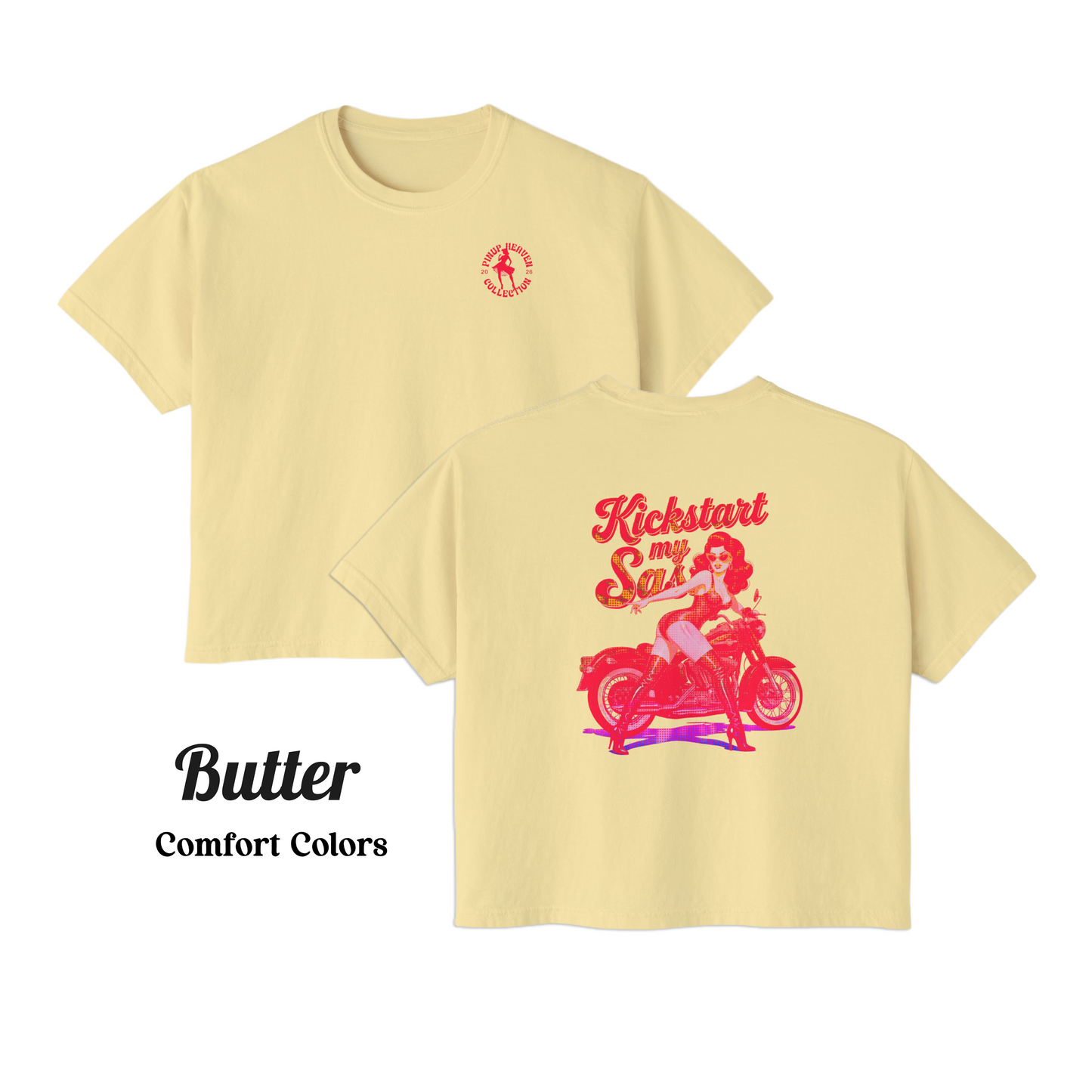 Premium Pin-Up Biker Babe Graphic Boxy Tee – “Kickstart My Sass” Comfort Colors Cotton Top, Vintage Motorcycle Shirt, Retro Biker Gift for Her