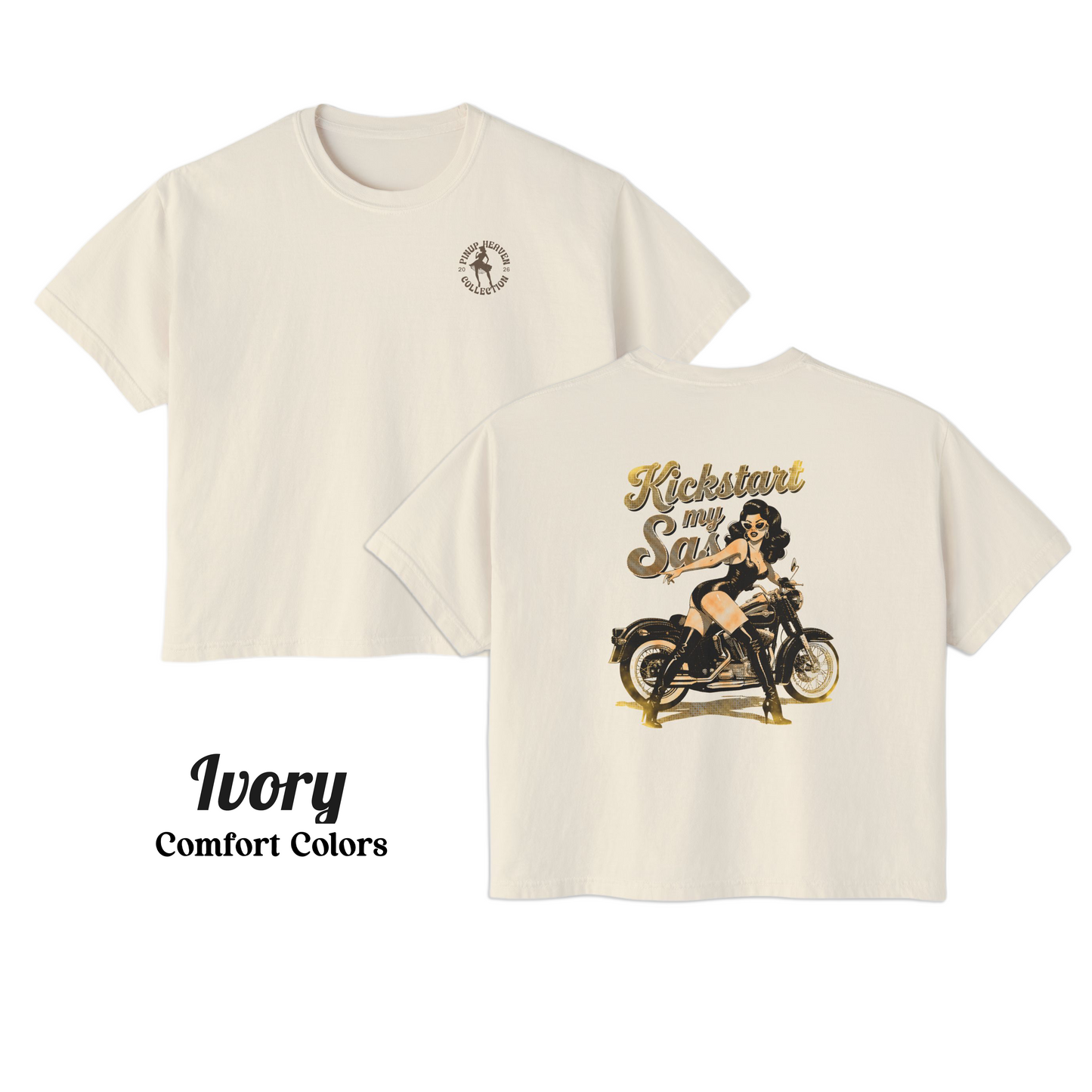 Premium Pin-Up Biker Babe Graphic Boxy Tee – “Kickstart My Sass” Comfort Colors Cotton Top, Vintage Motorcycle Shirt, Retro Biker Gift for Her