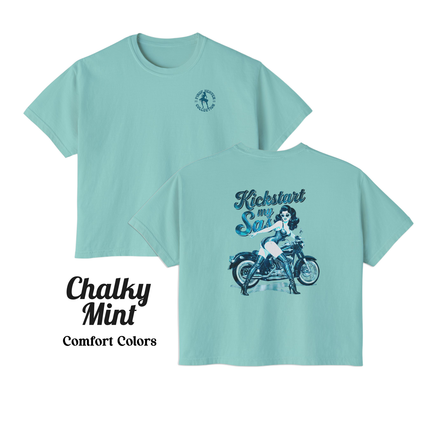 Premium Pin-Up Biker Babe Graphic Boxy Tee – “Kickstart My Sass” Comfort Colors Cotton Top, Vintage Motorcycle Shirt, Retro Biker Gift for Her