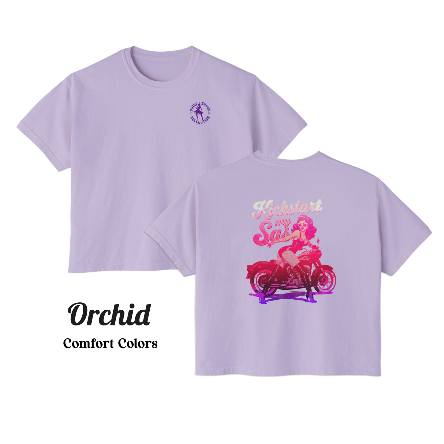 Premium Pin-Up Biker Babe Graphic Boxy Tee – “Kickstart My Sass” Comfort Colors Cotton Top, Vintage Motorcycle Shirt, Retro Biker Gift for Her