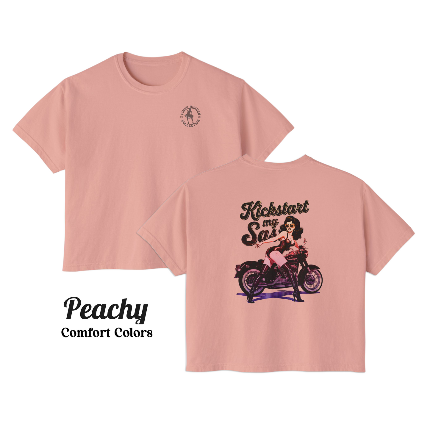 Premium Pin-Up Biker Babe Graphic Boxy Tee – “Kickstart My Sass” Comfort Colors Cotton Top, Vintage Motorcycle Shirt, Retro Biker Gift for Her