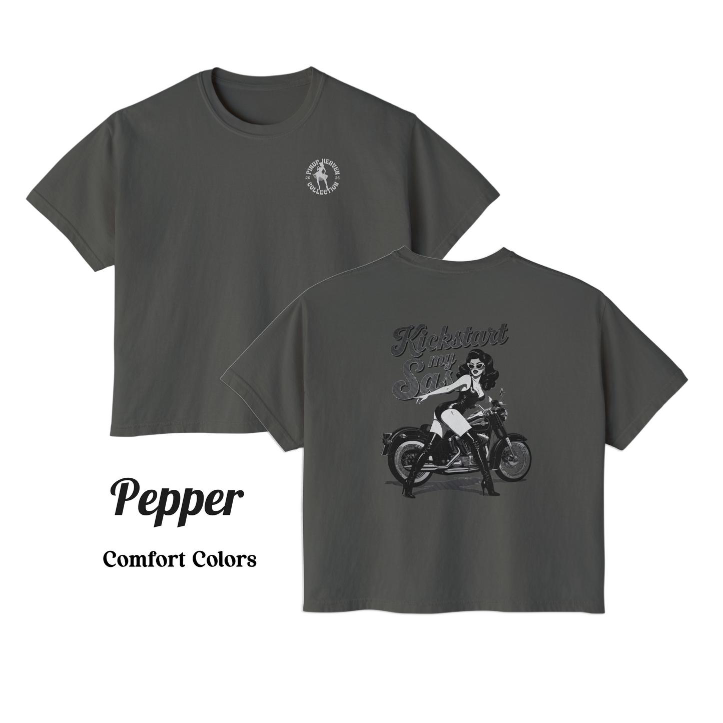 Premium Pin-Up Biker Babe Graphic Boxy Tee – “Kickstart My Sass” Comfort Colors Cotton Top, Vintage Motorcycle Shirt, Retro Biker Gift for Her