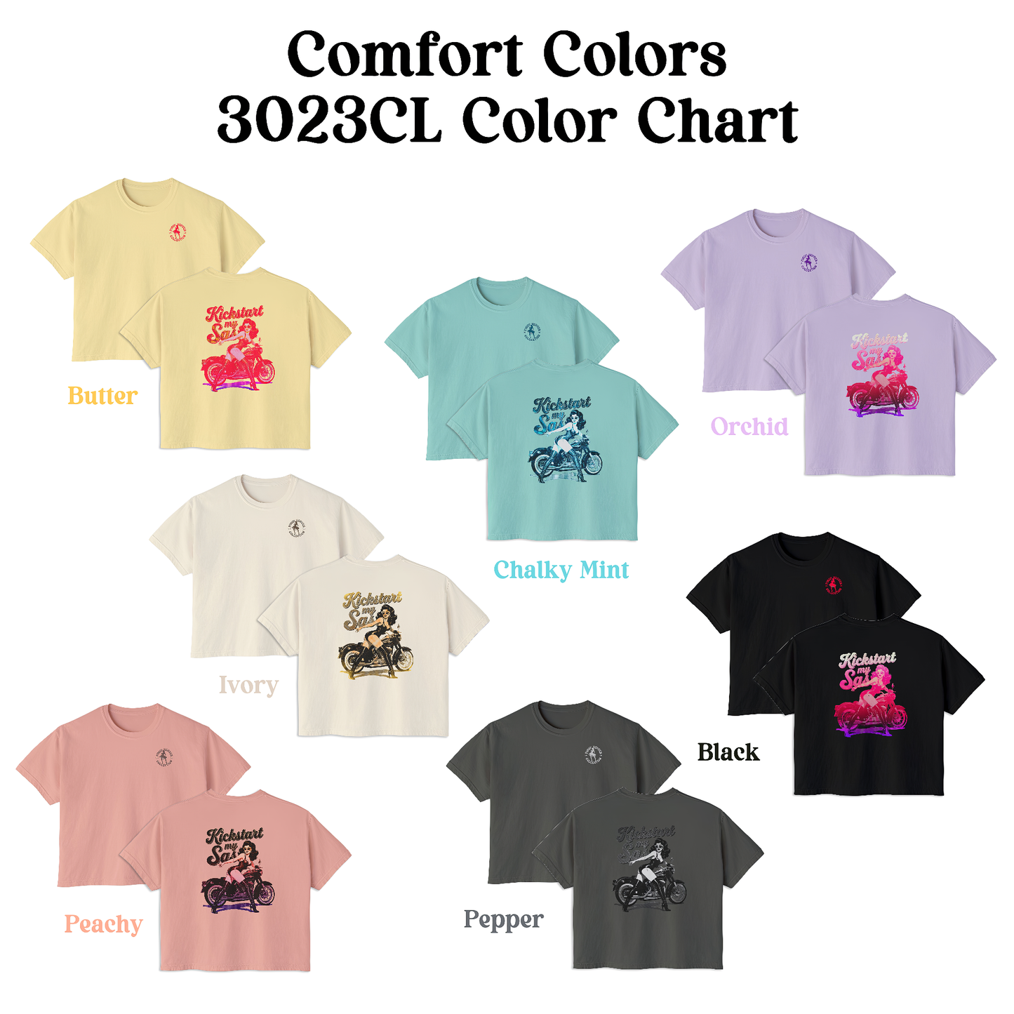 Premium Pin-Up Biker Babe Graphic Boxy Tee – “Kickstart My Sass” Comfort Colors Cotton Top, Vintage Motorcycle Shirt, Retro Biker Gift for Her