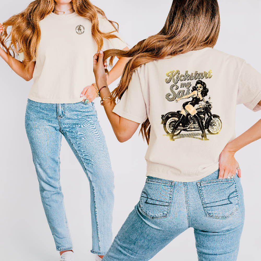 Premium Pin-Up Biker Babe Graphic Boxy Tee – “Kickstart My Sass” Comfort Colors Cotton Top, Vintage Motorcycle Shirt, Retro Biker Gift for Her