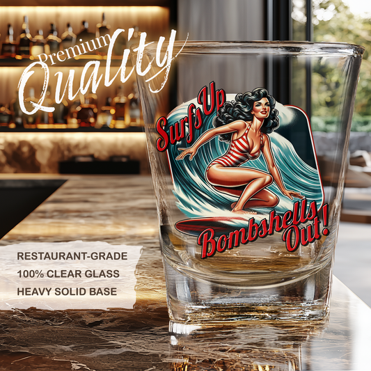 Surfer Shot Glass, Retro Barware, Gift for Surfer Decor, Vintage Surfer PinUp Girl Art, Beach Lovers, Bachelor Party Favors, Fathers Day Gift