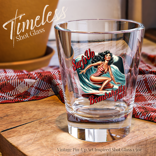 Surfer Shot Glass, Retro Barware, Gift for Surfer Decor, Vintage Surfer PinUp Girl Art, Beach Lovers, Bachelor Party Favors, Fathers Day Gift